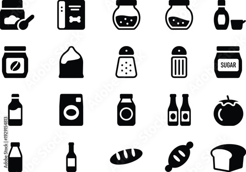 Grocery food icons set silhouette vector, kitchen ingredients and supermarket products isolated on white background
