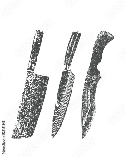 kitchen knife vintage  art with halftone stipple effect, for grunge punk y2k collage design. Pop art style. 