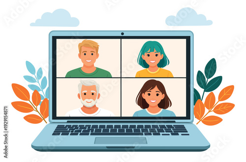 Flat design illustration of a laptop depicting an online video conference with diverse participants for virtual communication