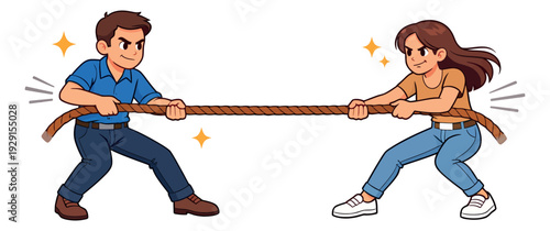 Cartoon illustration of a man and woman depicting a tug-of-war game for competition