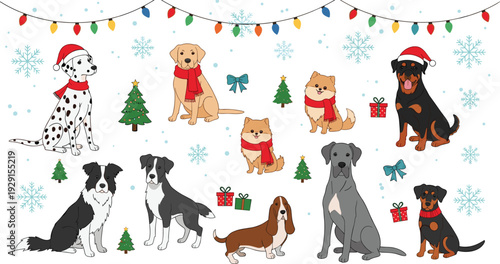 Christmas holiday dog breeds set with cute puppies wearing santa hats and scarves, cad drawing flat vector illustration, festive winter celebration