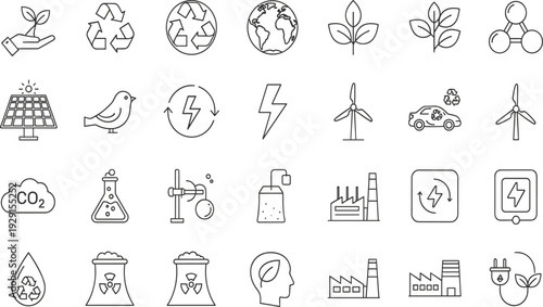 Environmental, sustainability, and, clean, energy, icons, set, featuring, solar, power, wind, turbines, recycling, green, technology, nature, conservation, ecology, protection, collection.
