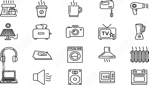 Home, appliances, and, household, electronics, icons, set, featuring, kitchen, gadgets, laundry, equipment, entertainment, devices, heating, tools, coffee, maker, and, collection.