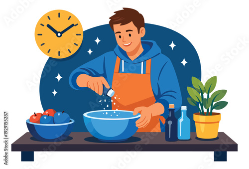 Flat design illustration of a man depicting mixing ingredients for home cooking