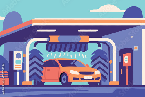 Cartoon illustration of orange car in automated car wash station, large rotating brushes and overhead sprayer cleaning vehicle, colorful modern facility with stylized background elements.