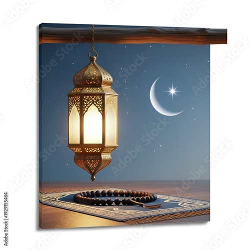 Wallpaper Mural Ornate lantern with prayer beads on mat against moonlit night sky background Torontodigital.ca