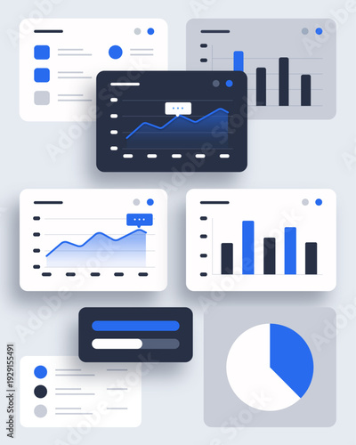 Modern software interface dashboard with various blue data visualization widgets and progress bars for analytics tracking.