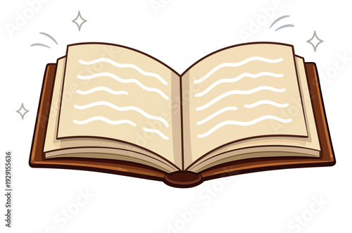 Hand drawn cartoon illustration of an open book depicting knowledge and magic for education and fantasy stories