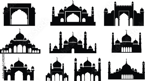 Black silhouettes of various mosques and islamic architecture domes minarets