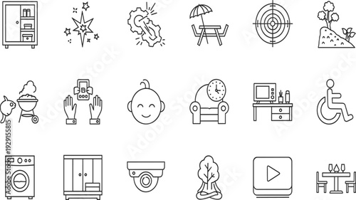 Home, lifestyle, and, household, icons, set, featuring, furniture, appliances, family, leisure, gardening, security, organization, electronics, cleaning, dining, hobby, collection, and, maintenance.