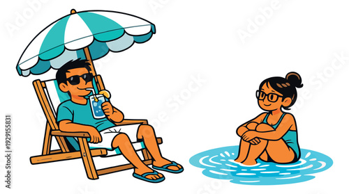 Hand drawn cartoon style people set featuring a man relaxing in a beach chair and a woman sitting in water for summer vacation