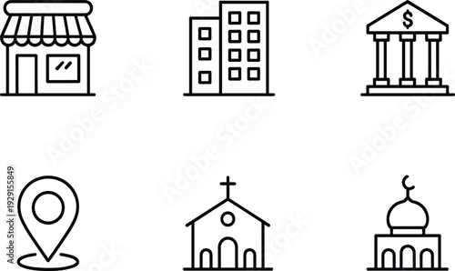 Public building icon set with retail shop, office skyscraper, bank, location pin, church and mosque symbols