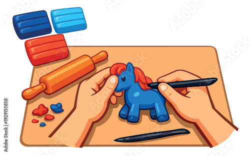 Cartoon illustration of hands molding a horse from modeling clay depicting a creative sculpting process for kids' art and craft