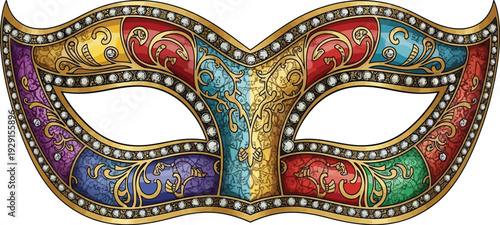 A colorful masquerade mask with intricate designs and sparkling rhinestones on a white background