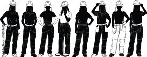 Set of female construction worker silhouettes wearing hard hats and safety gear standing in different poses for industrial teamwork concepts