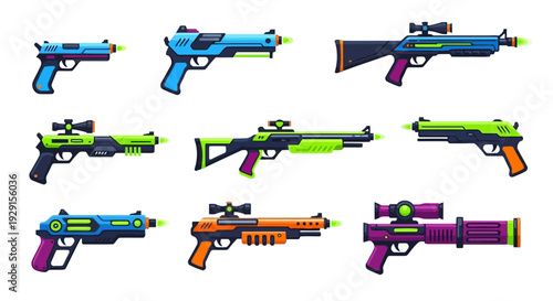 Set of futuristic laser guns and space blasters. Colorful fantasy weapons with neon glow. Ideal for sci-fi gaming, virtual reality, and interactive entertainment