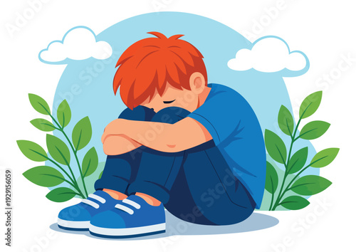 Modern illustration of a boy depicting sadness and emotional distress for childhood problems