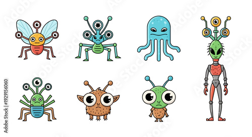 Collection of Cute and Colorful Cartoon Monsters and Aliens with Unique Designs and Features