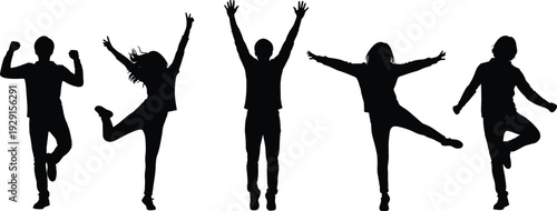 Five black silhouettes of people jumping and celebrating on white background