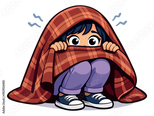 Cartoon style illustration of a young girl depicting fear while hiding under a blanket for emotional concepts
