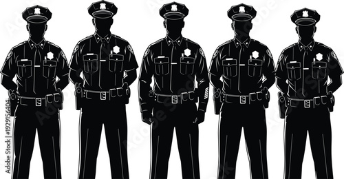 Set of five police officer silhouettes in formal uniform with badges, caps, and duty belts, representing law enforcement and security.