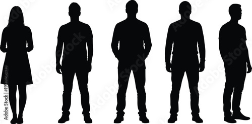 Five black silhouettes of people standing on white background