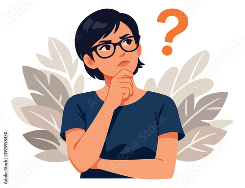 Modern illustration of a woman depicting deep thought with a question mark for problem solving