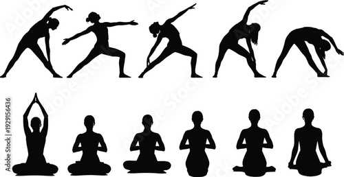 Black silhouettes of women in various yoga poses white background