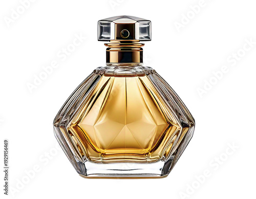 Elegant amber perfume bottle with a faceted glass design.  Luxury, beauty, and fragrance concept. Ideal for advertising campaigns, websites, or magazine layouts.  Captures sophistication and opulence.