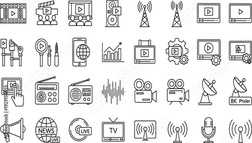 Multimedia, video, and, broadcasting, icons, set, for, digital, marketing, streaming, entertainment, cinema, television, radio, news, production, communication, network, technology, and, collection.