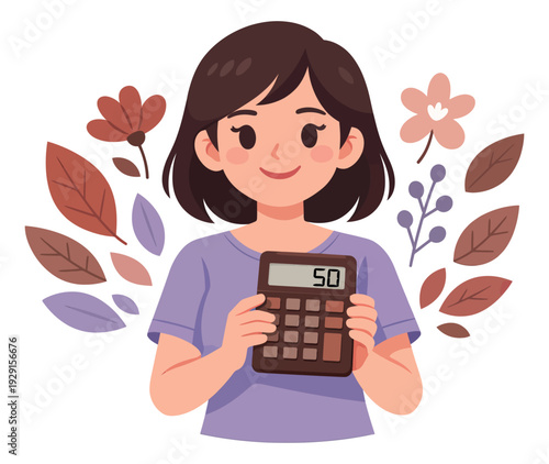 Flat style illustration of a young woman depicting financial calculation for personal budgeting