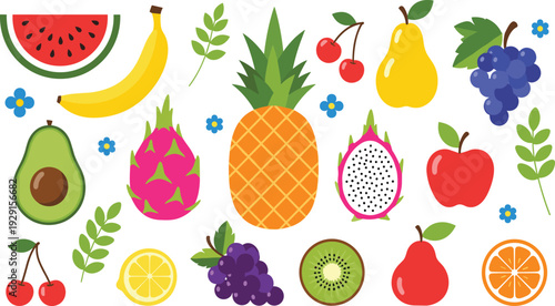 Fresh Tropical Fruit Vector Set with Pineapple, Banana, Watermelon, Dragon Fruit, Apple, Pear, Citrus, and Berries in Flat Style Illustration.
