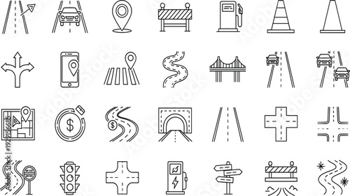 Navigation, and, road, infrastructure, icons, set, featuring, highway, maps, GPS, traffic, transport, journey, route, direction, construction, bridge, tunnel, street, collection.