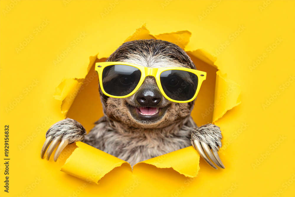 Fototapeta premium Ein lachendes Faultier mit Sonnenbrille schaut durch ein Loch vor gelben Hintergrund