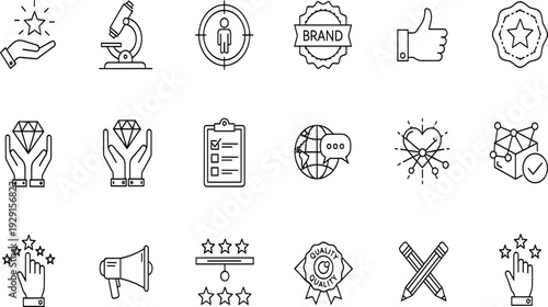 Quality, assurance, brand, identity, and, customer, satisfaction, icons, set, featuring, marketing, strategy, research, value, excellence, professional, reputation, growth, success, and, evaluation.
