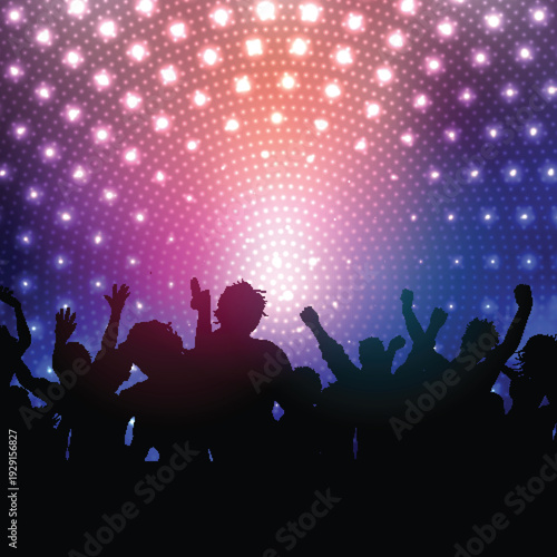 A vibrant crowd of people enjoying a lively concert with colorful lights