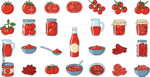 Tomato Vector Collection with Fresh Whole and Sliced Tomatoes, Sauce, Ketchup, Juice, Paste and Preserved Products Set