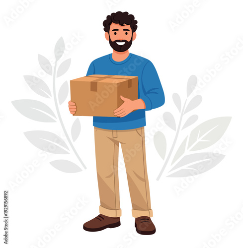Flat design illustration of a man depicting delivery of a cardboard box for shipping services