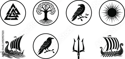 Set of Norse mythology icons including Viking longships, ravens, Yggdrasil tree of life, Valknut symbol, trident, and sun for historical designs.
