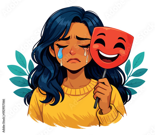 Hand drawn cartoon illustration of a crying woman depicting hiding her sadness with a happy mask for mental health awareness