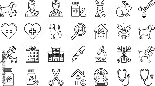 Veterinary, clinic, icons, set, featuring, pets, doctors, medicine, hospital, tools, dogs, cats, rabbits, surgery, healthcare, animals, wellness, treatment, equipment, care