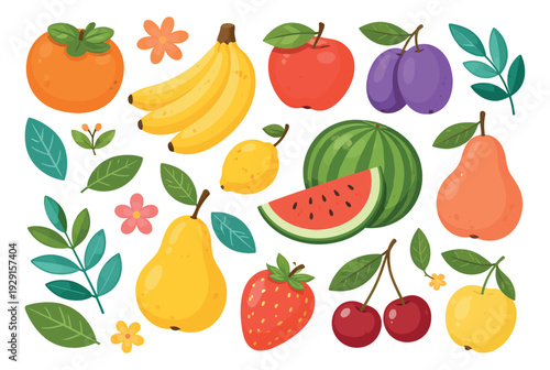 Colorful cartoon fruit set featuring a variety of fresh produce and leaves for healthy eating concepts