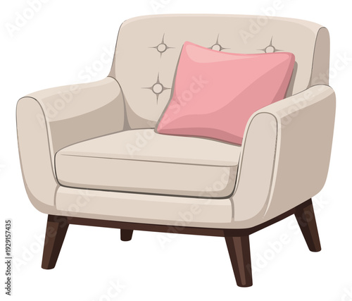 Modern flat design illustration of a single armchair depicting a cozy seating with a pink pillow for home decor