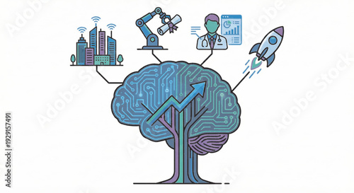 Flat vector illustration of artificial intelligence future growth concept, circuit brain tree connecting to smart city, education, healthcare and innovation