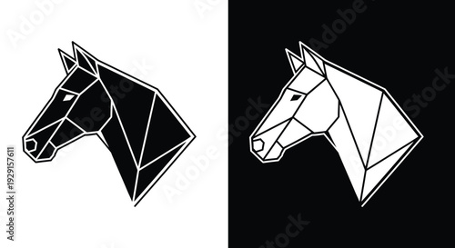 A geometric illustration of two horse heads in black and white polygonal design