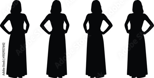 Four black silhouettes of women in long dresses white background
