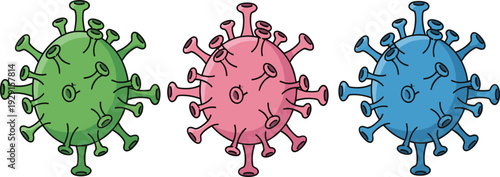 Cartoon Virus Character Vector Set in Multiple Colors with Funny Microbe Mascots for Medical, Healthcare, Microbiology, and Kids Education Design.