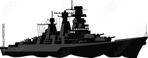 Modern battleship silhouette vector illustration, military naval warship isolated on white background for defense and maritime design