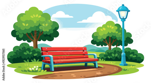 Modern graphic illustration of a public park depicting a serene outdoor environment for relaxation