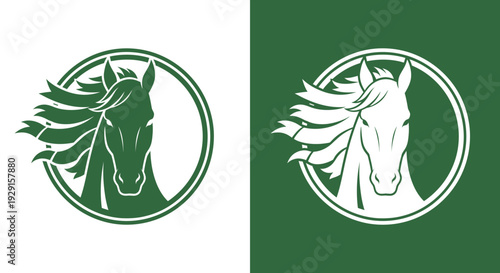 A green and white logo featuring a horse's head in a circular design on contrasting backgrounds